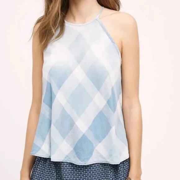 Anthropologie Cloth and Stone Sky Halter Tank Top Plaid Checkered Gauze Blue XS - Picture 16 of 16